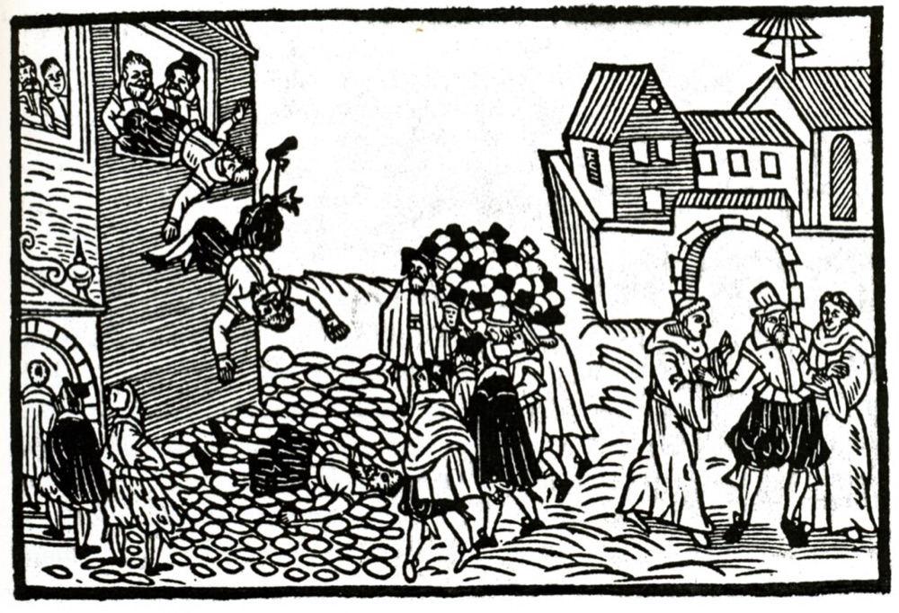 The Defenestration of Prague on a broadsheet from 1618