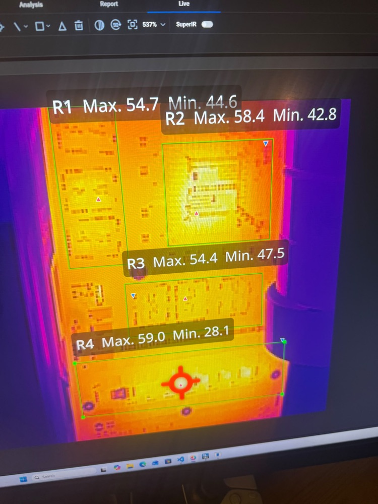 Thermal camera view of the back of a graphics card